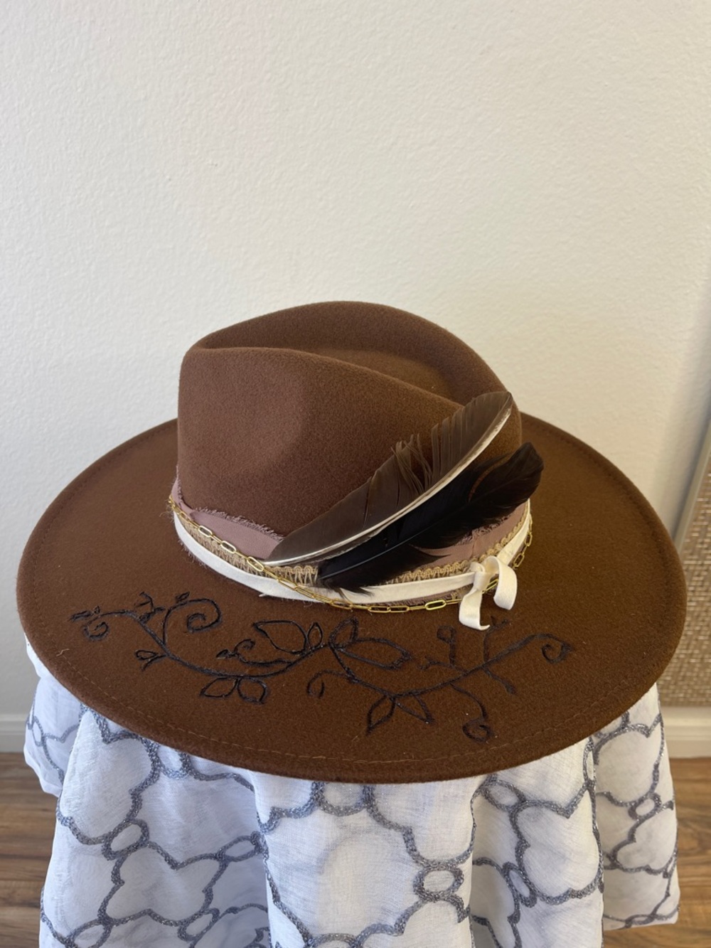 Brown Wide Brim Felt Fedora with Feather Trim